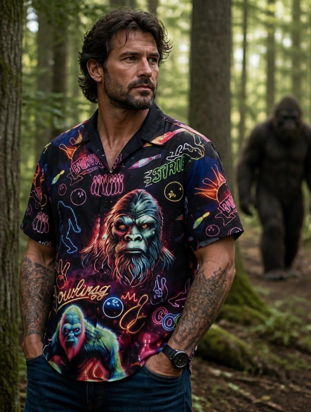 Men's Multicolor Graphic Bowling Short Sleeve Button-Up Shirt